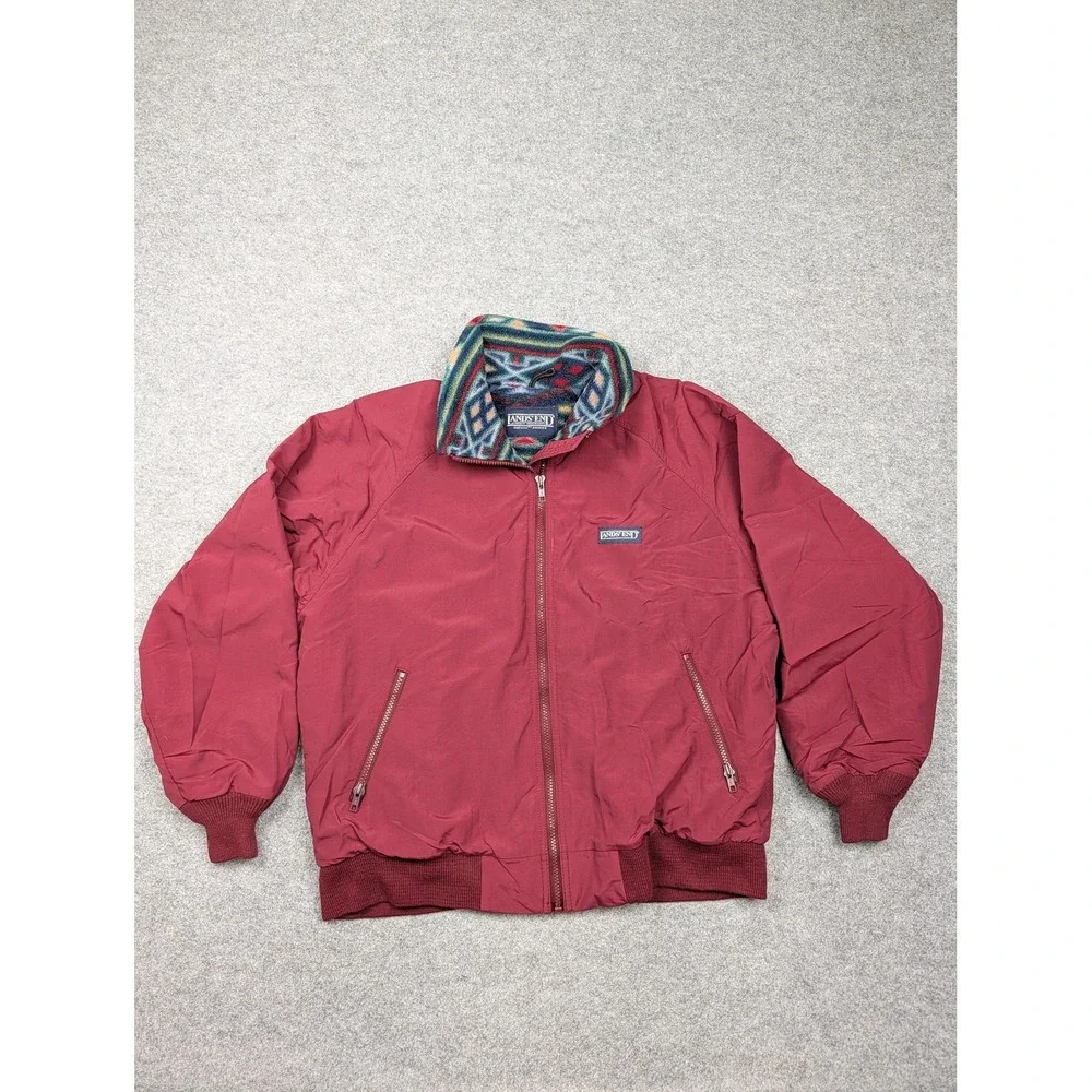 Vintage Lands' End Jacket Mens Large Red Squall Fleece Lined Windbreaker 90s